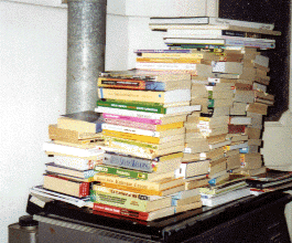 pile of books brought to Cyprus from the UK