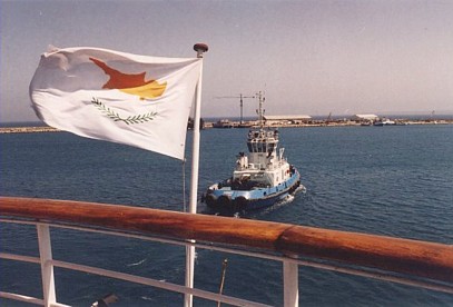 a tugboat pulls the SS Ausonia out of Limassol on our mini-cruise for our anniversary
